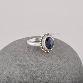 Natural Blue Sapphire Silver Ring - Handmade Gemstone Boho Ring - Solid 925 Silver Dotted Ring Jewelry for Wholesale - Oval Silver Ring